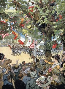 Første Verdenskrig: Sejrsparaden på Avenue des Champs-Elysees i Paris den 14. juli 1919: Soldater fra den franske flåde beundres af pariserne - (WWI: sejrsparade på Champs Elysees-avenuen af Raymond de la Neziere