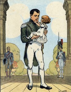 Portræt af kejser Napoleon I (1769-1821) med sin søn Aiglon (1811-1832) (konge af Rom Napoleon II, hertug af Reichstadt) (den franske kejser Napoleon I med sin søn Napoleon II) Illustration af Raymond de Neziere i "Our-Glories-Nationales" 1920 DR Pri af Raymond de la Neziere