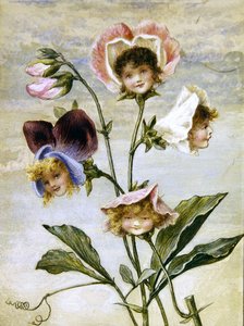 Geranium & Sweet Pea - Blomsterbørn - et par (akvarel & kropsfarve på papir) af Rebecca Coleman