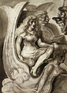Ryttere i en havfruetunnelbåd: En dobbeltsidet akvarel af Reginald Marsh