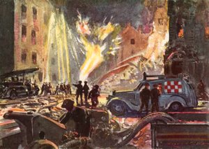 Brandmænd fra krigstidens British National Fire Service, der beskæftiger sig med en brændende gasledning under Blitz, Anden Verdenskrig