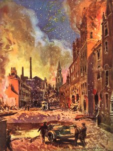 Brandmænd fra krigstidens British National Fire Service inspicerer et stort bombekrater under Blitz, Anden Verdenskrig