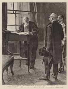 En dæmning ved Horse Guards, en præsentation til hertugen af Cambridge (kobberstik) af Reginald Thomas Cleaver