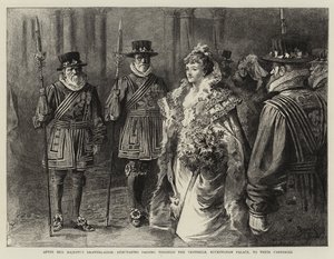 Efter Hendes Majestæts tegnestue går debutanterne gennem vestibulen, Buckingham Palace, til deres vogne (stik) af Reginald Thomas Cleaver