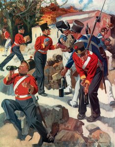 Entente Cordiale - engelske og franske tropper deler gaver under Wellingtons felttog på halvøen (farvelitografi) af Reginald Thomas Cleaver