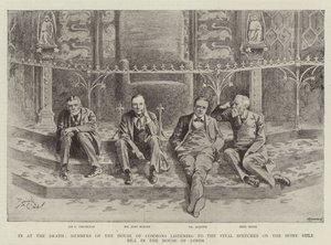 In at the Death, medlemmer af Underhuset lytter til de sidste taler om Home Rule Bill i Overhuset (kobberstik). af Reginald Thomas Cleaver