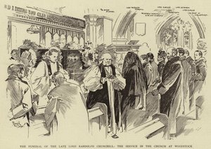 Begravelsen af den afdøde Lord Randolph Churchill, gudstjenesten i kirken i Woodstock (litografi) af Reginald Thomas Cleaver