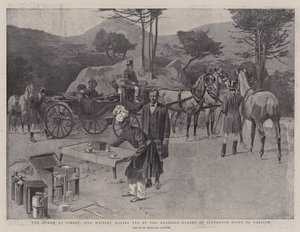 Dronningen i Cimiez, Hendes Majestæt drikker te i vejkanten under en eftermiddagstur til Falicon (litografi) af Reginald Thomas Cleaver