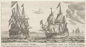 Amsterdams skibe: Perlen og Ostindiefareren, Dobbeltørnen, en Vestindienmand. af Reinier Nooms