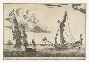 To krigsskibe og en yacht Tretten scener med skibe (serietitel) af Reinier Nooms