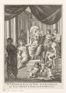 Allegorisk fremstilling med historie, sandhed, gammel viden og forsigtighed Tyrkernes samtidshistorie (titel på objekt) Titelblad for: S.n., Hedendagche historie eller Fortsættelsen af ​​den almindelige historie, 1767 af Reinier Vinkeles (I)