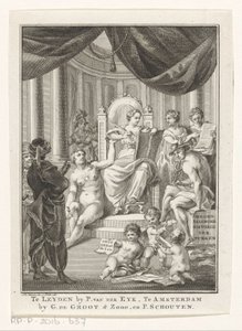 Allegorisk fremstilling med historie, sandhed, gammel viden og forsigtighed Tyrkernes samtidshistorie (titel på objekt) Titelblad til: S.n., Hedendagche historie eller Fortsættelsen af ​​den almindelige historie, 1767 af Reinier Vinkeles (I)