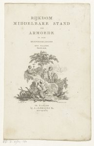 Tre putti med attributter i et bjerglandskab Titelside for: Adriaan Pietersz. Loosjes, Middelklassens rigdom og fattigdom i tre refleksioner, 1816 af Reinier Vinkeles (I)