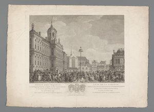 Frihedens fest på Dam-pladsen i Amsterdam, 4. marts 1795 Frihedens fest, fejret i anledning af indvielsen af ​​frihedstræet, i Amsterdam, på revolutionspladsen, den 4. marts 1795. Det første år for den bataviske frihed / Fête de la L