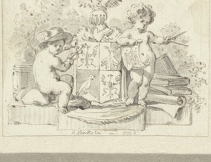 To putti, med kompas og aesculap, ved Schoemaker-familiens våbenskjold