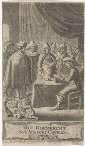 Købmand ved skrivebordet Titelblad for: J. van der Does e.a., Verscheyde voyagien, ofte reysen, 1652 af Reinier van Persijn