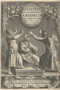 Minerva en twee geketende figurer Titelside for: A. Thysius, Justinus cum notis selectissimis variorum Berneggerj, Bongarsy, Vossy, Thysy, &c, 1659
