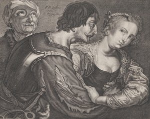 Indkøberen: en gammel kvinde, en soldat og en kvinde, ca. 1635-68. af Reinier van Persyn