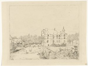 Set fra siden af ​​Cannenburch-slottet med huse ved indgangsbroen