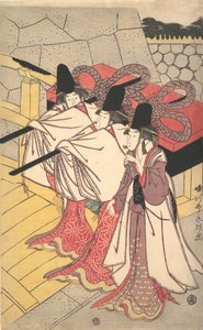 Prins Genji vender tilbage til sit palads, hvor hans kone venter på ham, ca. 1797., ca. 1797.