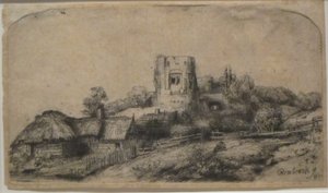 Landskab med et firkantet tårn af Rembrandt
