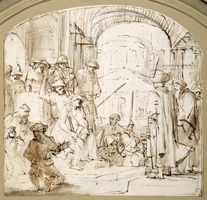 Christ Mocked (pen og blæk med vask på papir) af Rembrandt Harmensz. van Rijn (school of)