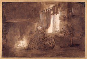 Den hellige familie i tømrerværkstedet (pen & blæk med vask på papir) af Rembrandt Harmensz. van Rijn (school of)
