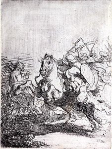 En kavalerikamp (pen og blæk på papir) af Rembrandt Harmensz. van Rijn