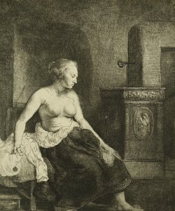 En kvinde, der sidder halvt klædt ved siden af et komfur, 1658 af Rembrandt van Rijn