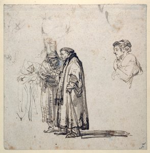 En gruppe ældre lærde og hver for sig en yngre mands profil (pen og blæk på papir) (recto of 2636120) af Rembrandt Harmensz. van Rijn