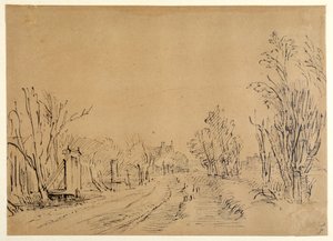 En hovedvej, der fører til et hus gennem træer (to broer og portadgange til dijken) (pen og blæk på brunt papir) af Rembrandt Harmensz. van Rijn
