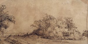 En ujævn vej langs diget med træer, der skjuler en bondegård (pen og blæk med vask på papir) af Rembrandt Harmensz. van Rijn