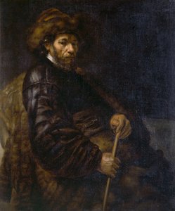 En siddende mand med en pind (olie på lærred) af Rembrandt Harmensz. van Rijn