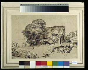 Et stråtækt sommerhus ved et stort træ, en figur siddende udenfor, ca. 1648-52 (pen og blæk på papir) af Rembrandt Harmensz. van Rijn