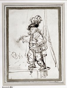 Skuespiller med papegøje. Tegning med pen og blæk (tegning) af Rembrandt Harmensz. van Rijn