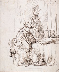 En skuespiller i sit omklædningsrum (pen og brunt blæk på hvidt papir) af Rembrandt Harmensz. van Rijn