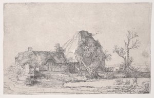 Sommerhus og landbrugsbygninger med en mand, der tegner, ca. 1645 (radering) af Rembrandt van Rijn