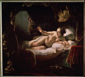 ""Danae"". Græsk mytologi: Zeus præsenterer sig for Danae i form af en byge af guldmønter for at forføre hende. Maleri af Harmenszoon van Rijn kendt som Rembrandt (1606-1669)