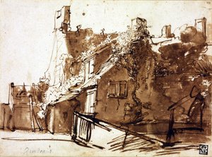 Bondegård i sollys - Rembrandt van Rhijn (1606-1669) - 1635-1636 - Pen, pensel, brun farve på papir - 16,4x22,3 cm - Szepmuveszeti Muzeum, Budapest af Rembrandt Harmensz. van Rijn
