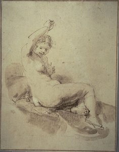 Kvindelig nøgen tilbagelænet med arm hævet, ca. 1665 (pen og brunt blæk og pensel og brun vask, på solbrunt lagt papir)