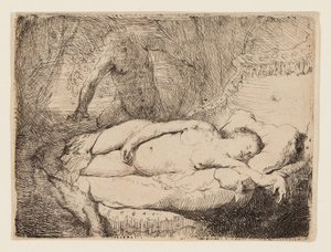 Jupiter og Antiope: Mindre plade, ca. 1631 (ætsning på gulfarvet papir) af Rembrandt Harmensz. van Rijn