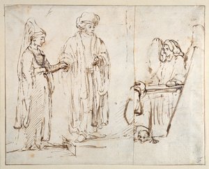 Laban bringer Lea til Jakob med Jakob overlejret af et fragment af en anden tegning; en engel med en hund liggende ved hans fødder af Rembrandt Harmensz. van Rijn