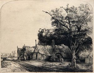 Landskab med tre hytter (ætsning) af Rembrandt Harmensz. van Rijn