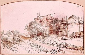 Landskab med et sommerhus og høbarn af Rembrandt Harmensz. van Rijn