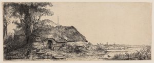 Landskab med et sommerhus og et stort træ af Rembrandt Harmensz. van Rijn