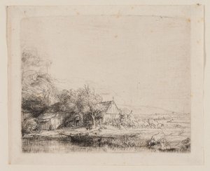 Landskab med en ko, der drikker, ca. 1650 (ætsning og drypoint på elfenbensfarvet papir) af Rembrandt Harmensz. van Rijn