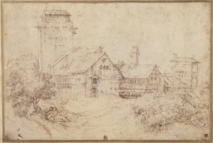 Landskab med bygninger og elskende, der omfavner hinanden, efter Titian (pen og brun blæk med rødkridt på papir) af Rembrandt Harmensz. van Rijn
