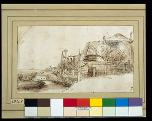 Landskab med landbrugsbygninger til højre (pen og blæk med vask på papir) af Rembrandt Harmensz. van Rijn
