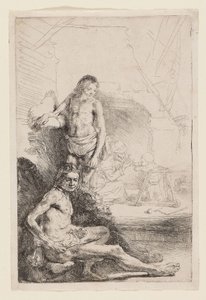 Mand nøgen siddende og stående, ca. 1646 (ætsning på elfenbensfarvet papir) af Rembrandt Harmensz. van Rijn