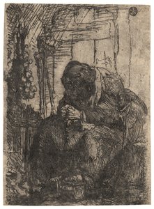 Gammel kvinde siddende i en hytte med en række løg på væggen, ca. 1629 (radering) af Rembrandt Harmensz. van Rijn
